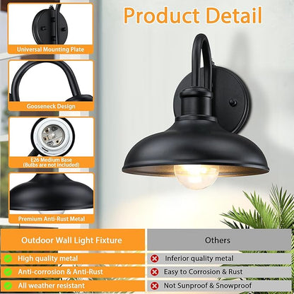 Dusk to Dawn Gooseneck Outdoor Light Fixtures, 2-Pack Farmhouse Barn Lights for Porch, Industrial Black Exterior Wall Sconce for Garage, Patio, E26 Base Anti-Rust for Garage Frontdoor Entryway Doorway