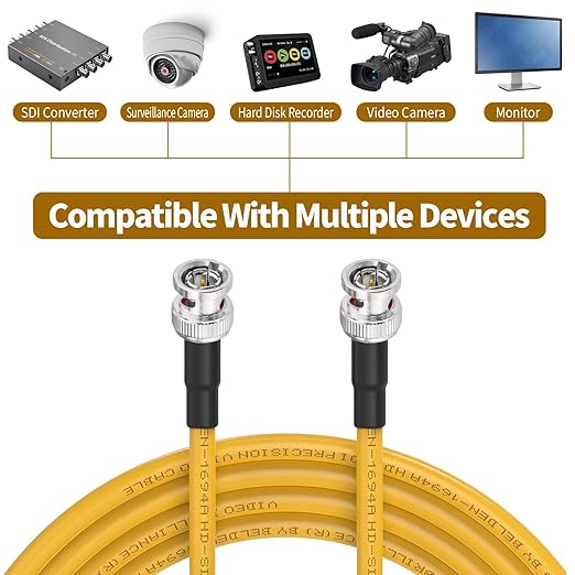 Superbat SDI Cable 3G/6G/12G SDI Cable 50ft (Belden 1694A Yellow) BNC Cable 75 ohm for Camera UHD 3G-SDI/6G-SDI/4K/8K Video Recoder Converter, Precision SDI Video Cable