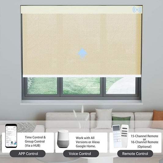 Motorized Solar Shades, Light Filtering Smart Blinds for Windows Automatic Blinds Compatible with Alexa, Falme Resistant Roller Shades Customized for Office Living Room (1% Openness Beige)
