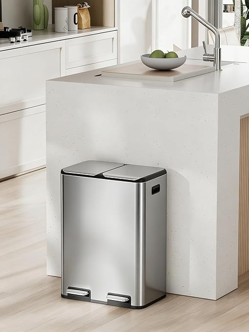 Arlopu 16Gal Dual Trash Can w/2 Built-in Box for Odor Control, Hands-Free Kitchen Garbage Bin, Recycle Waste Dustbin, Soft-Close Lid, 2 Buckets,Foot Pedal, Side Handle, Airtight,for Home (Silver)