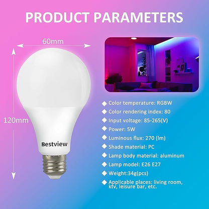Bestview RGB Color Changing Light Bulbs with Remote Control, RGBW Warm White 5W E27 Screw Base,Mood Flood E26 Light Bulb-16 Color Choices for Home Party Bedroom (2 Pack)