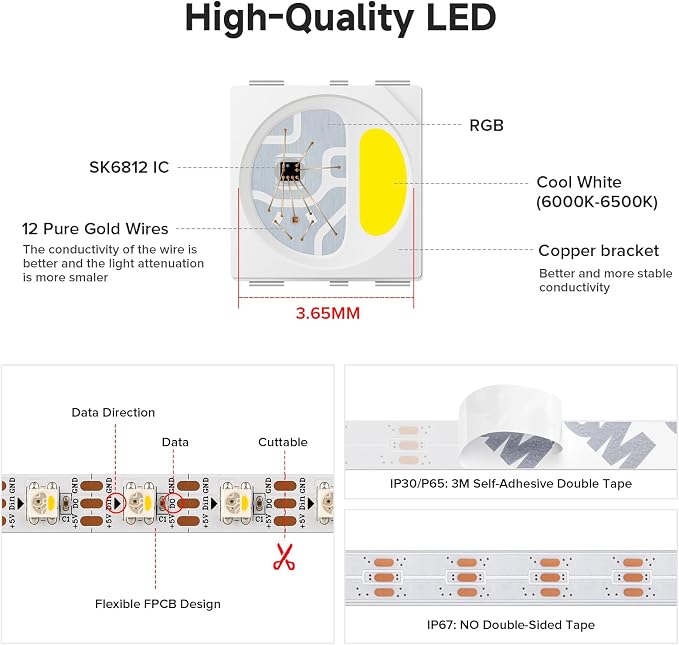 BTF-LIGHTING RGB+Cool White SK6812 LED Strip 16.4FT 300LED IP65 DC12V | RGBW Individually Addressable UL Listed 4 Colors in 1 Light (Similar WS2812B) White PCB(No Adapter or Controller)