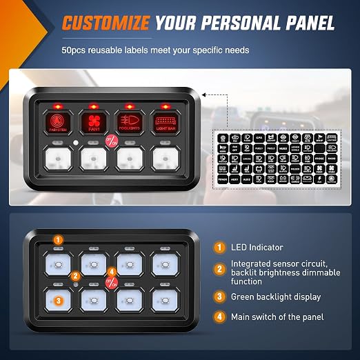Nilight 8 Gang Switch Panel Relay System Automatic Dimmable | Universal Circuit Control Fuse Wiring Harness ON Off Red Backlit LED Pod for 12V Cars Trucks Boats Campers SUV