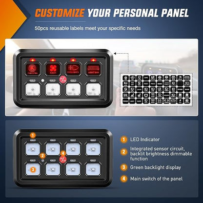Nilight 8 Gang Switch Panel Relay System Automatic Dimmable | Universal Circuit Control Fuse Wiring Harness ON Off Red Backlit LED Pod for 12V Cars Trucks Boats Campers SUV