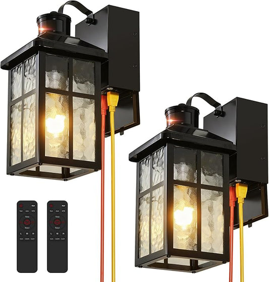 2 Pack Porch Light with Outlet and Remote Control - Plug in Outdoor Wall Lights with GFCI Exterior Lighting Fixtures Adjustable 3 Sensitivity Levels and 1-10min Delay for Porch, Patio, Entryway(Black)