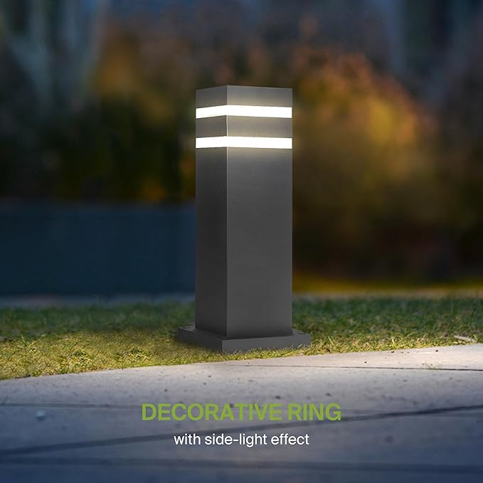 ASD 12" Square Bollard Light Fixture, Outdoor Pathway Floor Lamp | Antiglare, Waterproof, ETL Listed | 60W E26 Bulb Socket 120V | Landscape Hardwired Lighting, Exterior Post Lantern | Black