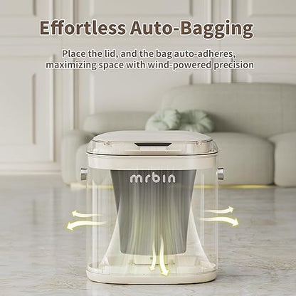MRBIN Automatic Adsorption Metal Trash Can for Bathroom, Touchless Garbage Bin with Lid, 4.8 Gallon Slim Trash Can for Office and Bedroom, Kitchen Electric Motion Sensor Waste Basket, Cream White