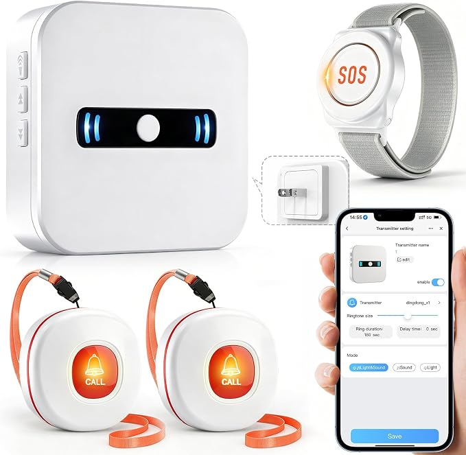DAYTECH WiFi Caregiver Call Button Calls Phone, 2Button 1 Wrist 1 Receiver | Emergency Button for Seniors with App Alert, 2.4GHz WiFi Only, Senior Alarm Home Care, Bedside Bathroom Use