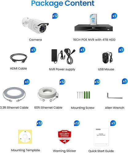 ZOSI 32CH 4K PoE Security Camera System, 12pcs 8MP Outdoor Indoor Cameras with Audio, Person/Vehicle Detection, Dual Disk Backup, H.265+ 16Port 32-Channel NVR with 4TB HDD for Business 24/7 Recording