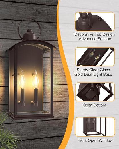19.7IN Dusk to Dawn Outdoor Wall Light Fixtures,Reddish Brown Exterior Lanterns Waterproof, Large Porch Sconces Wall Mounted Lighting, Modern Front Open Window Wall Lamps for House, Patio