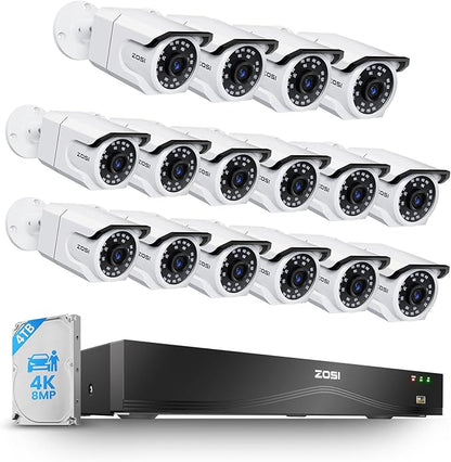 ZOSI 16CH 4K PoE Security Camera System with Audio, 16 x 8MP Outdoor Metal Bullet Cameras, People Counting, Person/Vehicle Detection, 16 Port 32-Channel NVR with 4TB HDD for Commercial 24/7 Recording