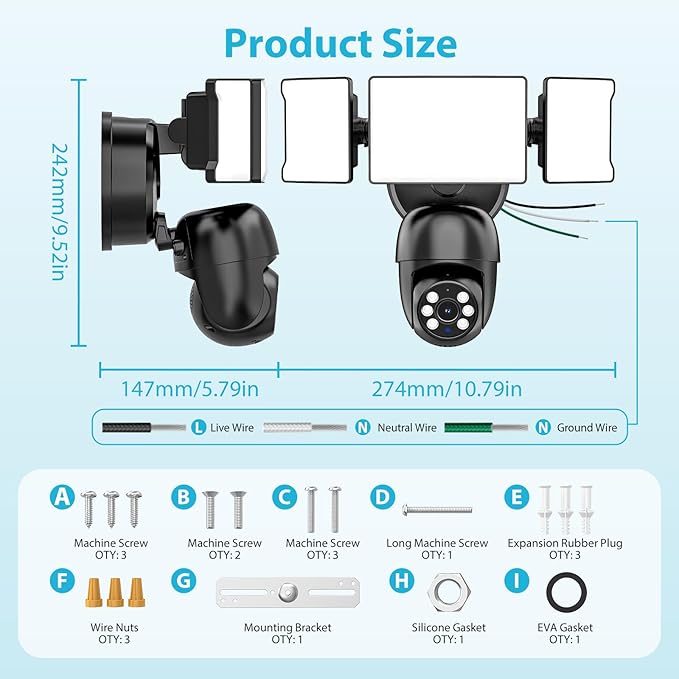 Olafus Flood Light Camera Outdoor, 2K QHD Video, 360°Panoramic View, Motion Detection Alerts, Two-Way Audio, Powerful Floodlight Security Camera Adjustable Lighting Secure Your Home