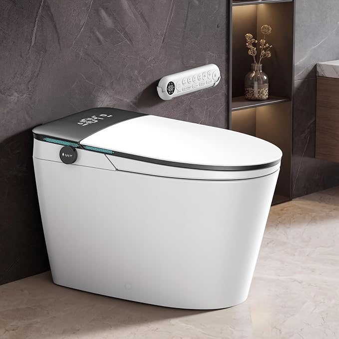 Smart Toilet with Bidet Built-in: Bidet Toilet with 5L Tank, Remote with Display, 5 Level Adjustable Heated Seat& Wash &Dryer, One Piece Toilet with Auto Flush Lid&Seat, Foam, Foot Sensor, UV-C Light