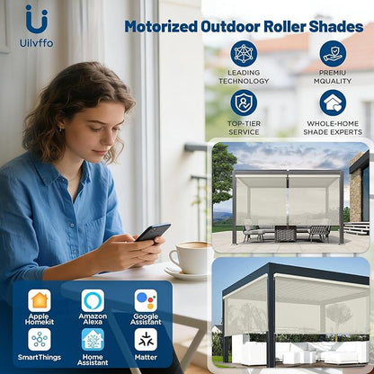 Motorized Outdoor Shades, Custom Patio Roller Blinds with Remote, Smart Exterior Sun Shades Compatible with Alexa, HomeKit, Google Home (5% Openness Beige)