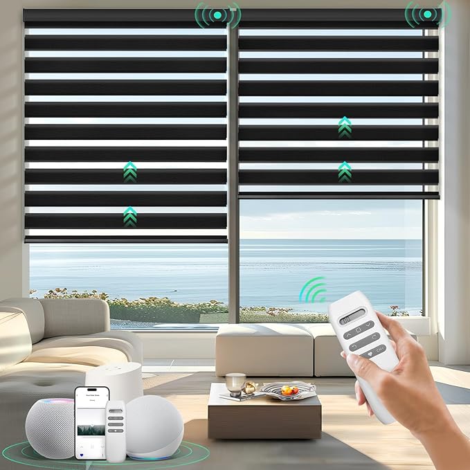 HeyBlinds Motorized Zebra Blinds with Remote, Smart Cordless Electric Zebra Shades for Indoor Windows Compatible with Alexa Google & Homekit, Custom Size (Wool-Black LF)