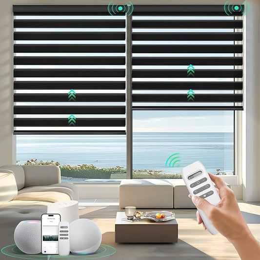 HeyBlinds Motorized Zebra Blinds with Remote, Smart Cordless Electric Zebra Shades for Indoor Windows Compatible with Alexa Google & Homekit, Custom Size (Wool-Black LF)