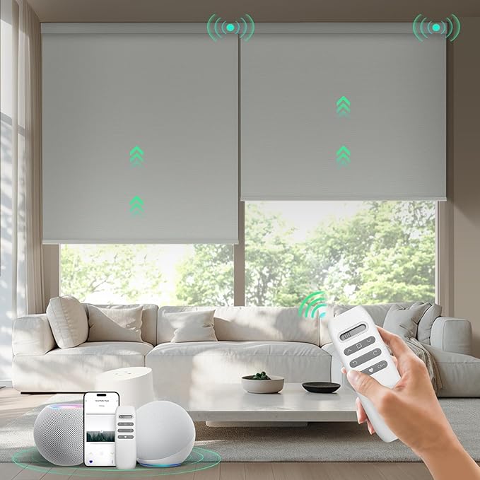 HeyBlinds Motorized Blinds with Remote, 100% Blackout Smart Blinds, Automatic Shades for Windows Compatible with Alexa Google and Homekit, Custom Size(Simply-Light Gray BO)