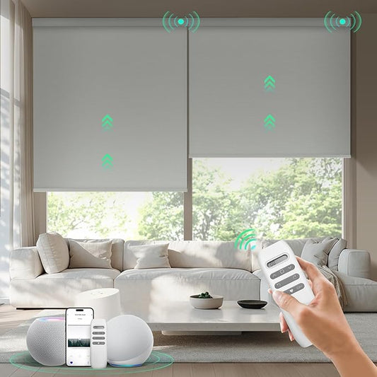 HeyBlinds Motorized Blinds with Remote, 100% Blackout Smart Blinds, Automatic Shades for Windows Compatible with Alexa Google and Homekit, Custom Size(Simply-Light Gray BO)