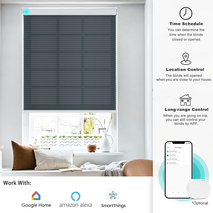 Changshade Smart Blinds Cellular Shades for Windows Doors Motorized with Remote Control, Custom Size Automatic Honeycomb Blind Electric Power Work with Alexa, Google Home, Light Filtering, Dark Blue