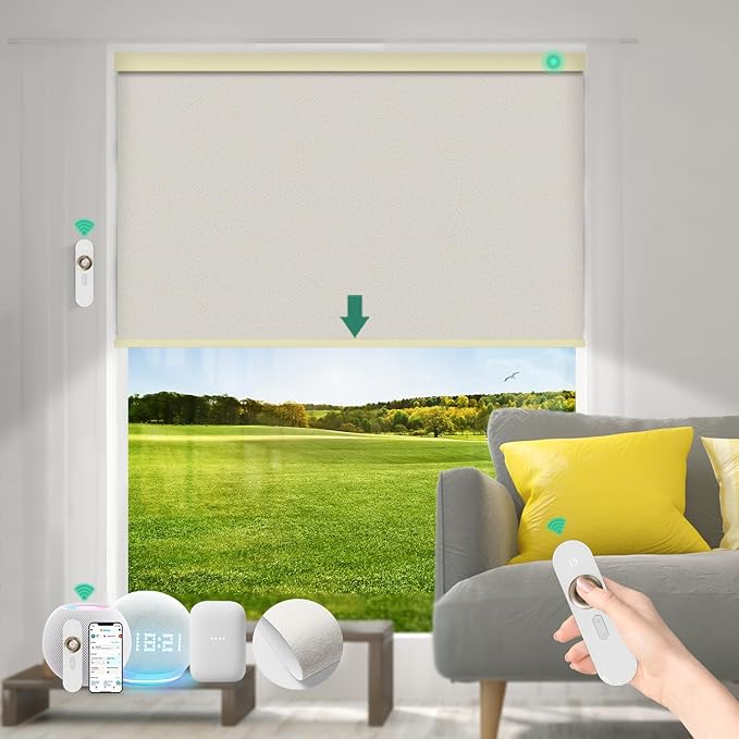 Motorized Blinds with Remote [100% Blackout & Silent Motor] Smart Blinds Compatible with Alexa Google HomeKit, Electric Roller Shades for Indoor Windows, Customized Size, Shimmer Solar Gold