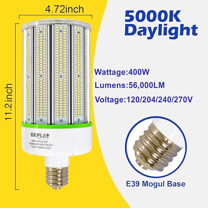 GEPLAD 400W LED Corn Bulb, E39 Mogul Base, 5000K Daylight, 56,000 Lumens, Equivalent to 1200W MH/HPS/HID, Non-Dimmable for Street, Shop, Warehouse, Parking Lot Lighting