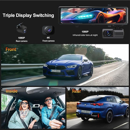 3 Channel Mirror Dash Cam, Aprilboy 12" Triple Rear View Mirror with Front 4K, Inside and Rear 1080P Cameras with 5.8GHz WiFi, G-Sensor, Night Vision, Reverse Assist, Parking Monitoring