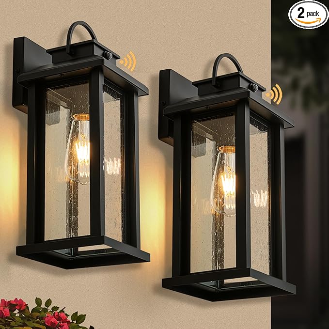 2-Pack 15.5 Inch Large Dusk to Dawn Outdoor Lighting, Matte Black Porch Lights Outdoor Light Fixture with Clear Seeded Glass, Waterproof Anti-Rust Exterior Lighting Fixtures for House