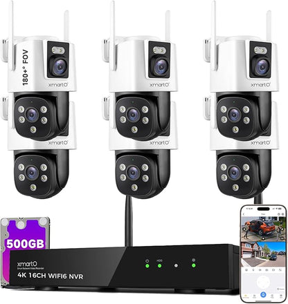 xmartO [6 Dual-Lens Camera Bundle 12-View Long Range WiFi6 Mesh Security System, 16CH 4K Dual Band NVR, 4MP 180°+Static FOV & 360°PTZ AI Tracking, 24/7 Plug-in Surveillance, 500GB HDD, No Monthly Fee
