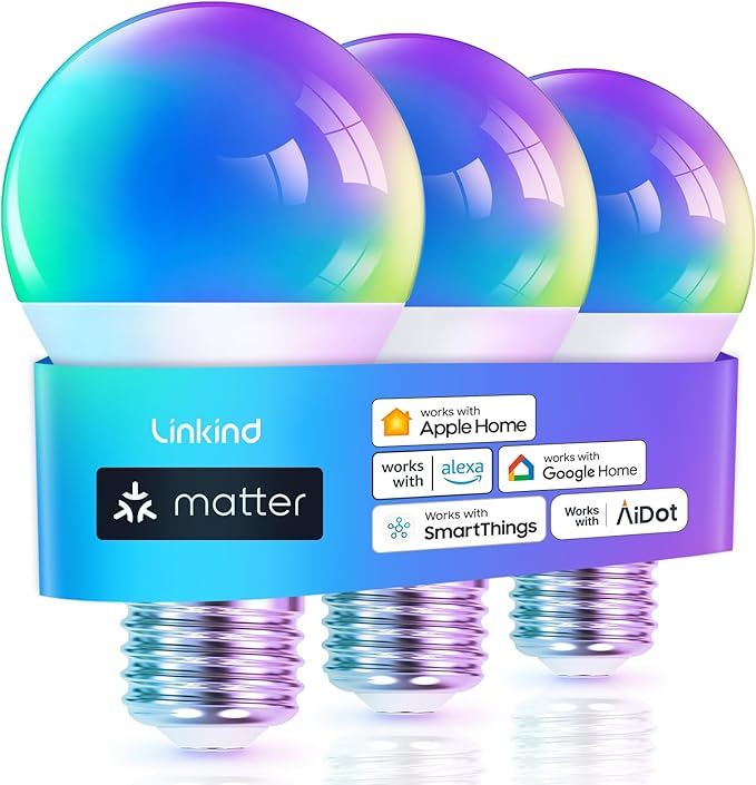 Linkind Matter Smart Light Bulbs 4 Pack Bundle with 3 Pack, Work with Apple Home, Siri, Alexa, Google Home, SmartThings