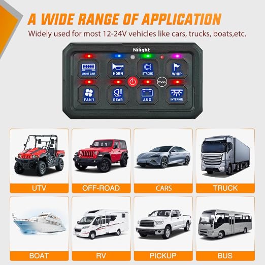 Nilight 8 Gang Switch Panel Blue 12V 24V Circuit Control System 4-Mode | Fuse Wiring Harness Automatic Dimmable LED Pod Toggle/Momentary/Strobe/Flash Modes for Car Pickup Truck Camper SUV