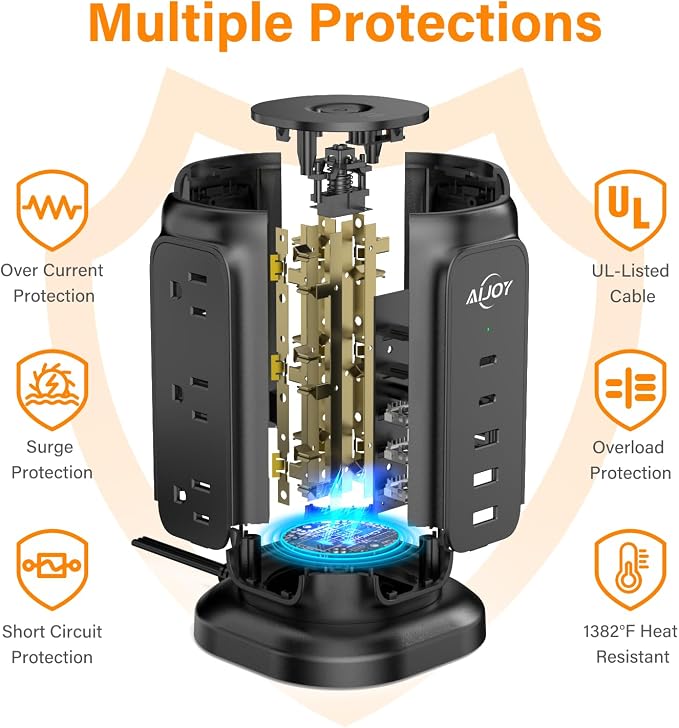 AiJoy Power Strip Tower with 9 AC Outlets and 5 USB Ports Charging Station | 1200J Surge Protector, 6.5 Feet Extension Cord with Multiple Outlets for Home Dorm Room Office Supplies Desk Accessories