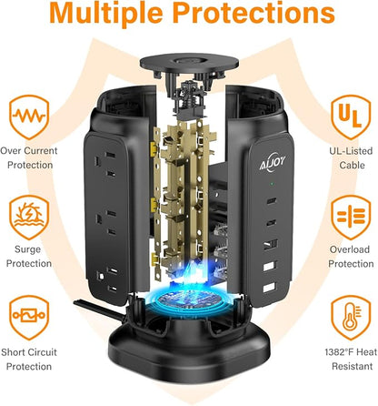 AiJoy Power Strip Tower with 9 AC Outlets and 5 USB Ports Charging Station | 1200J Surge Protector, 6.5 Feet Extension Cord with Multiple Outlets for Home Dorm Room Office Supplies Desk Accessories