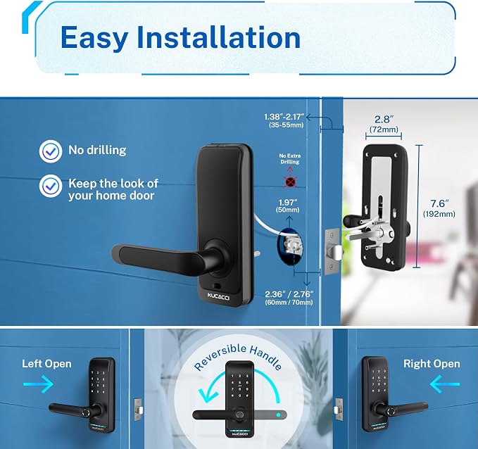 Keyless Entry Smart Lock with Handle: Kucacci Smart Door Lock with Keypad - Digital Fingerprint Lock with Keypad -APP Control for Exterior Door- Easy Retrofit Knob Deadbolt Lever