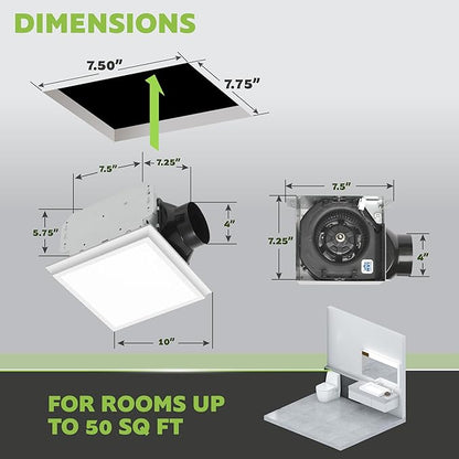 Homewerks 7141-50-G4 Bathroom Fan Integrated LED Light Ceiling Mount Exhaust Ventilation Ultra Quiet 0.7 Sones 50 CFM, White