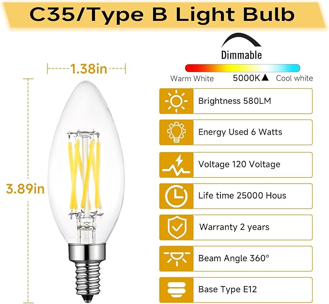 Type B/B11 E12 LED Filament Bulb, 6W/60W Equivalent 5000K Cool White – Clear Glass, Dimmable, Ideal for Chandeliers, Ceiling Fans & Modern Lighting, 6-Pack