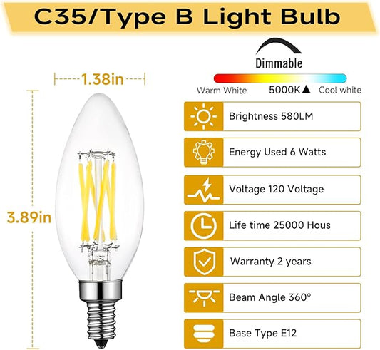 Type B/B11 E12 LED Filament Bulb, 6W/60W Equivalent 5000K Cool White – Clear Glass, Dimmable, Ideal for Chandeliers, Ceiling Fans & Modern Lighting, 6-Pack