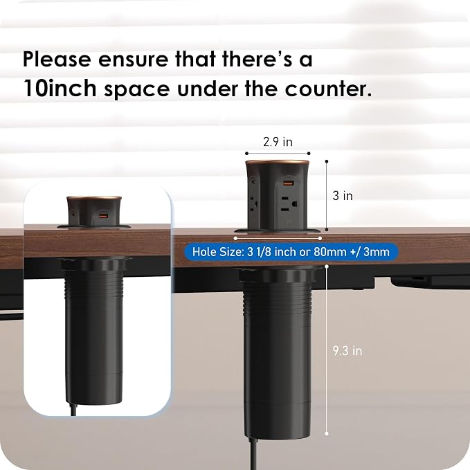 ANNQUAN 3.15" Motorized Pop Up Outlet Wireless Charger 20W USB Black 3FT | Pop Up Countertop Receptacle Max 20W Power Delivery Pop Up Electrical Outlet with 4 Outlets 4 USB Ports Home Office Kitchen