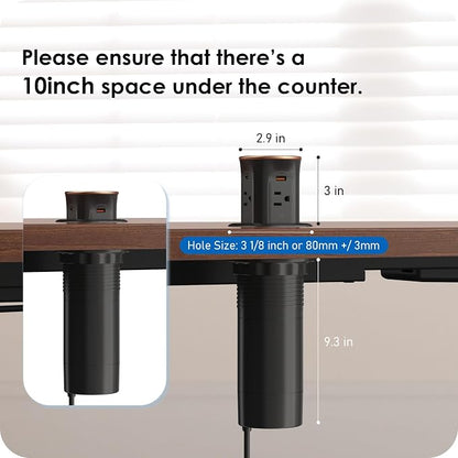 ANNQUAN 3.15" Motorized Pop Up Outlet Wireless Charger 20W USB Black 6FT | Pop Up Countertop Receptacle Max 20W Power Delivery Pop Up Electrical Outlet with 4 Outlets 4 USB Ports Home Office Kitchen