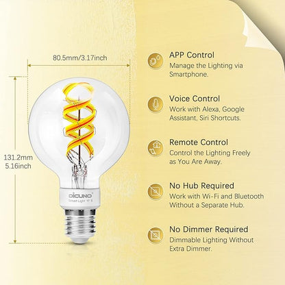 DiCUNO Smart Edison Bulb G80, Color Changing WiFi Smart Light Bulb, Vinatge Globe Filament Bulb Compatible with Alexa & Google, Dimmable with App, 50 Watt Equivalent 450LM, No Hub Required, 1 Pack