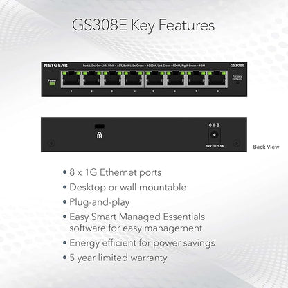 NETGEAR 8-Port Gigabit Ethernet Easy Smart Managed Essentials Switch (GS308E) - Desktop or Wall Mount, Home Network Hub, Office Ethernet Splitter, Silent Operation