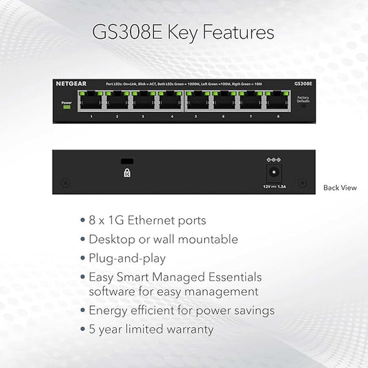 NETGEAR 8-Port Gigabit Ethernet Easy Smart Managed Essentials Switch (GS308E) - Desktop or Wall Mount, Home Network Hub, Office Ethernet Splitter, Silent Operation