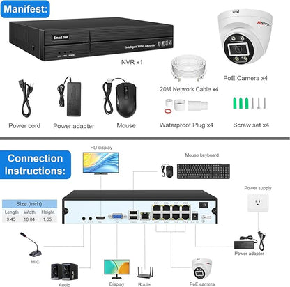 MWRCTV 4K PoE Security Camera System,4 X 8MP Wired Dome PoE Cameras for Home Security,HD 2.8mm Wide Angle Lens,Smart Dual Light,AI Human/Vehicle Detection,8 Port 16CH 4K NVR(NO HDD Include)