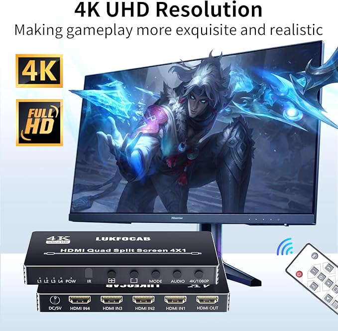 HDMI Multi-Viewer 4X1, Seamless Switcher 4 in 1 Out, Quad Multi Viewer Switcher with IR Remote, Supports 4K 30Hz, 5 Display Modes for Security Camera, Gaming Consoles