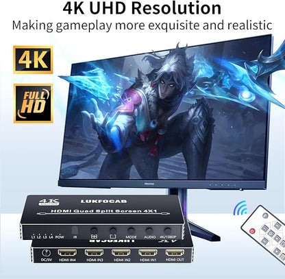 HDMI Multi-Viewer 4X1, Seamless Switcher 4 in 1 Out, Quad Multi Viewer Switcher with IR Remote, Supports 4K 30Hz, 5 Display Modes for Security Camera, Gaming Consoles