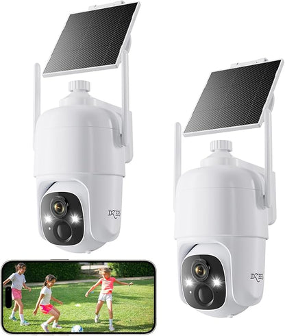 Dzees Security Cameras Wireless Outdoor, 2K Pan/Tilt 360° View Solar/Battery Powered WiFi Cameras for Home Security with AI Motion Detection,Color Night Vision, 2-Way Audio, SD/Cloud Storage - 2 Pack