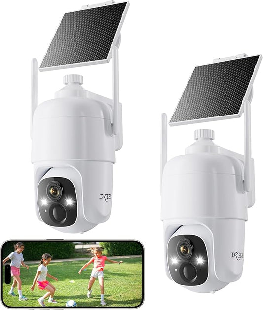 Dzees Security Cameras Wireless Outdoor, 2K Pan/Tilt 360° View Solar/Battery Powered WiFi Cameras for Home Security with AI Motion Detection,Color Night Vision, 2-Way Audio, SD/Cloud Storage - 2 Pack