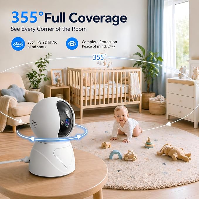 Baby Monitor with Camera and Audio, Smart Motion Tracking & 3X Zoom, Indoor Camera, Color Night Vision, 5G/2.4G WiFi, Two-Way Audio, 3MP 355° Pan Tilt, Pet Camera, SD/Cloud