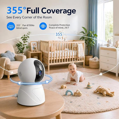 Baby Monitor with Camera and Audio, Smart Motion Tracking & 3X Zoom, Indoor Camera, Color Night Vision, 5G/2.4G WiFi, Two-Way Audio, 3MP 355° Pan Tilt, Pet Camera, SD/Cloud, 2 Pack