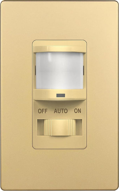 TOPGREENER in Wall PIR Motion Sensor Light Switch, Occupancy Sensor Switch, Neutral Wire Required, On/Off Override, Single Pole, 4A, 500W, Wall Plate Included, TSOS5-GDSWP, Gold