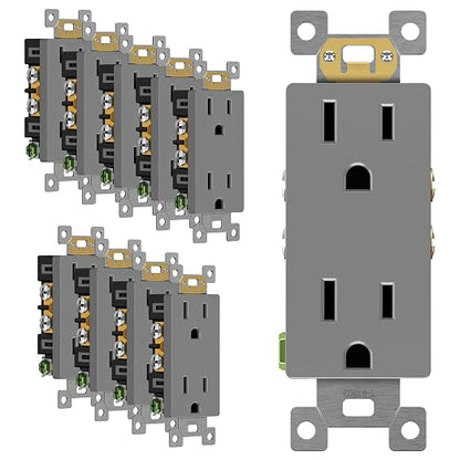 ENERLITES 10 Pack Decorator Wall Outlet, 15A Standard Electrical Receptacle | Self-Grounding, UL Listed, 5-15R, 125V, Non-Tamper Resistant Residential Outlets for Home, Kitchen, Bathroom, Gray